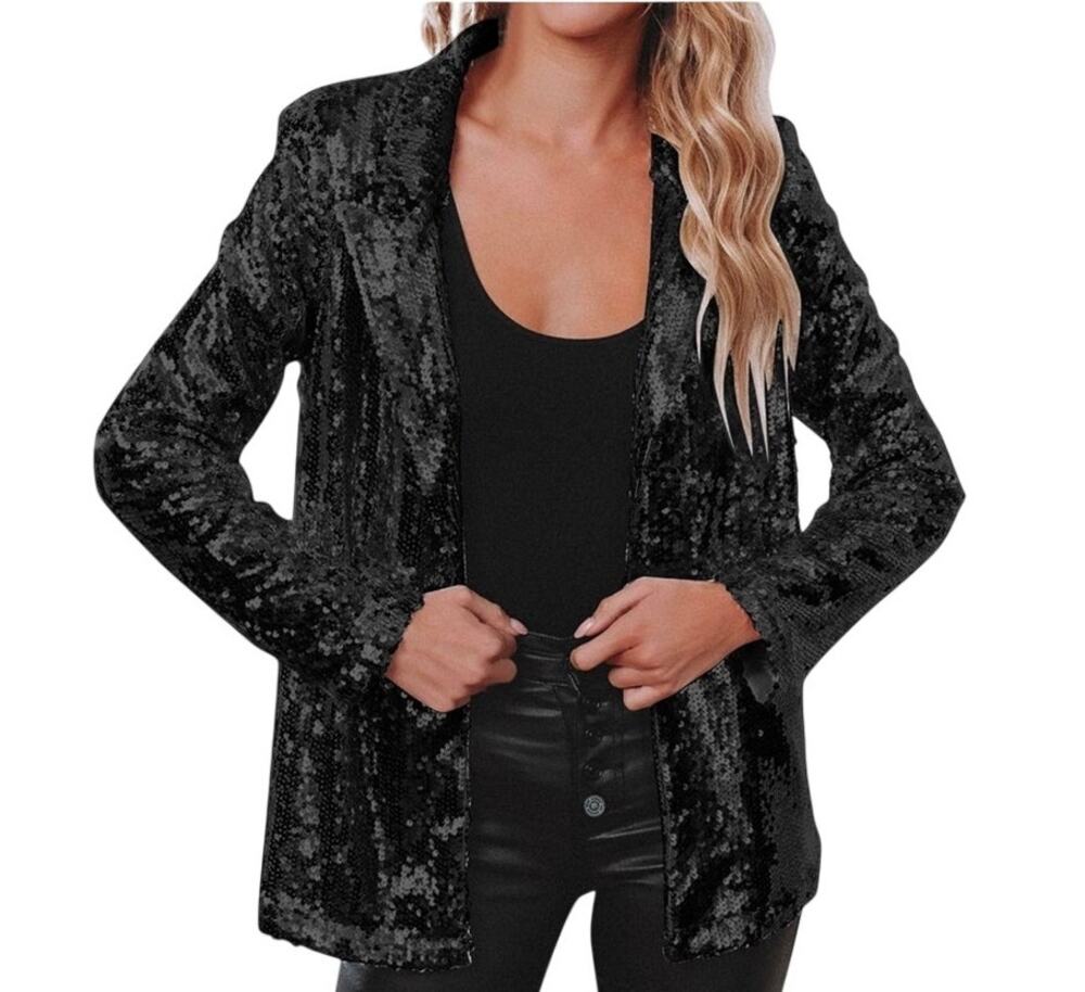 Dee Dee Women's Large Black Sequin Sparkly Long Sleeve Open Blazer